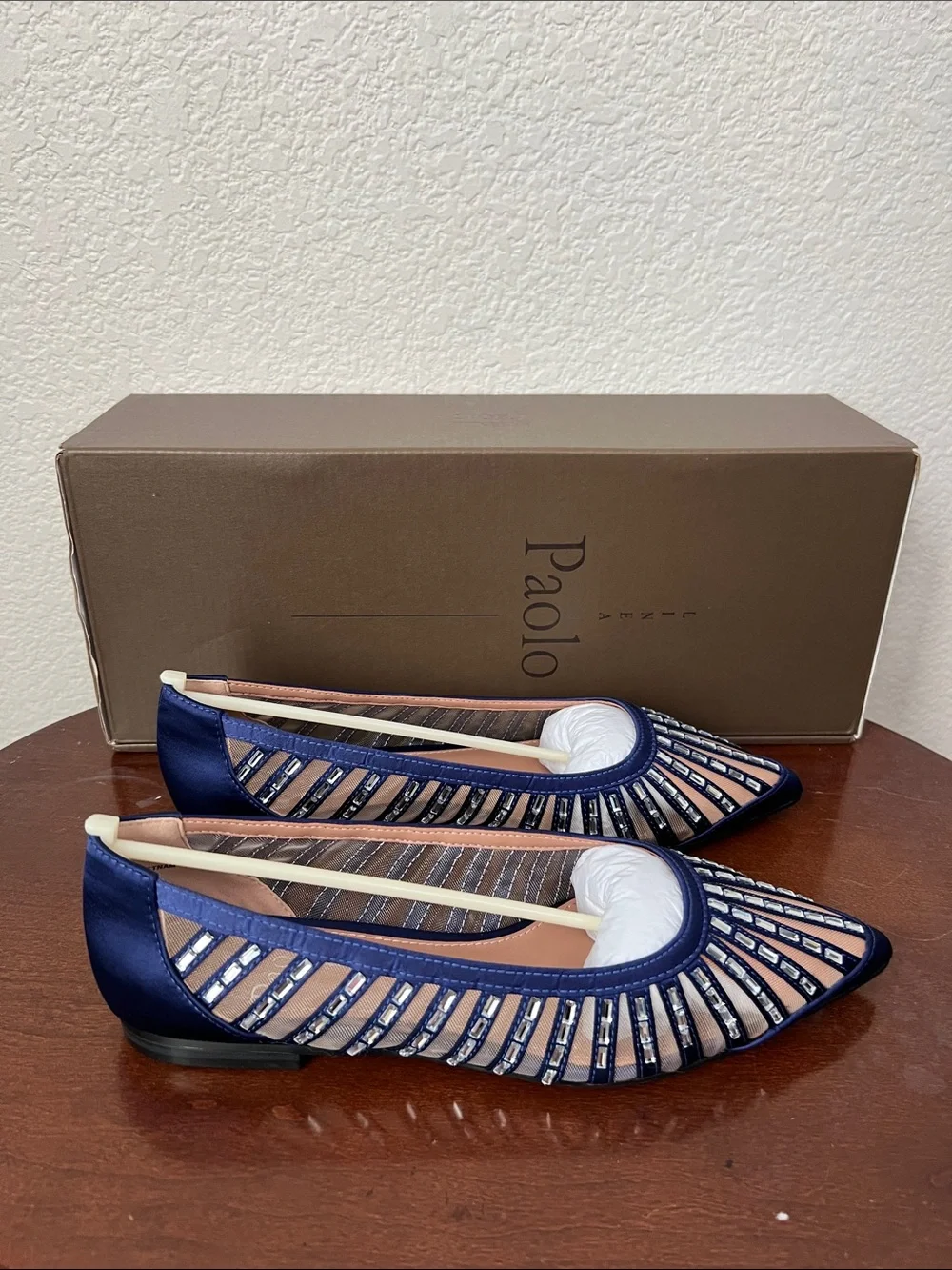 Linea Paolo Noelle Navy Blue Satin Crystal Embellished Flat Dress Shoe Size 5